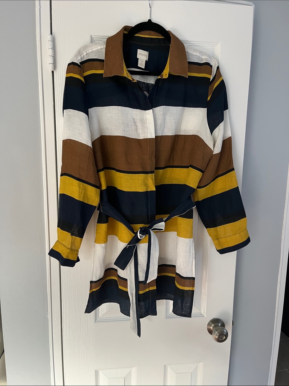 Chico's Linen Striped Tie-Belt Tunic in Navy, Mustard, Brown, White Size 2 (L)